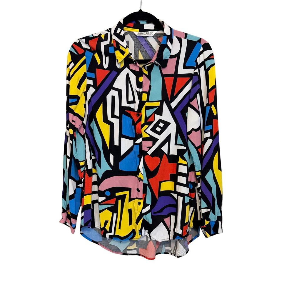 Big Dart Women Button Shirt Blouse M 80s Retro Art Pop Abstract Print Maximalist